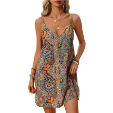 Shein Women's Bohemian Style Printed Wrap Dress With V-Neck, Open Back And Tassel Hem For Music Festivals