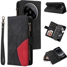 GANGXUN Black Case For Xiaomi 14 Ultra 5G Kickstand Protective With Card Slot Stand Zipper Wallet Style Nine Card Slots Two-color Stitching