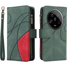 GANGXUN Green Case For Xiaomi 14 Ultra 5G Kickstand Protective With Card Slot Stand Zipper Wallet Style Nine Card Slots Two-color Stitching