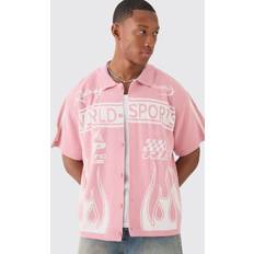 Vaaleanpunainen Paidat boohooMAN Boxy Fit Knitted Moto Shirt - Pink