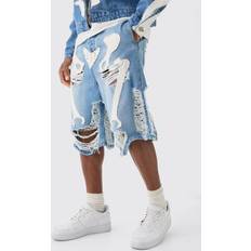 Vaatteet boohooMAN Skeleton Applique Distressed Denim Jorts - Light Blue