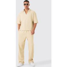 Beige - Men Jumpsuits & Overalls boohooMAN Mens Oversized Boxy Half Sleeve V Neck Polo And Trouser Set Beige