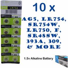 Pack of 10 1.55v alkaline battery ag5, lr754,sr754w,lr750, f,sr48sw,393 more