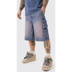 boohooMAN Embroidered Denim Cargo Jorts - Pink