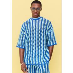 Akryl T-shirts boohooMAN Mens Oversized Open Stitch Stripe Knitted T-shirt - Light Blue