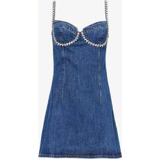 Self-Portrait Womens Blue Rhinestone-embellished Sweetheart-neck Denim Mini Dress