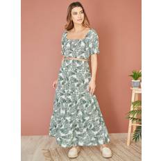 Green - Women Skirts Yumi Cotton Palm Leaf Print Ruched Waist Maxi Skirt, Green