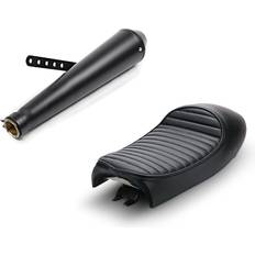 Exhaust Systems Craftride Set: Auspuff Cone Endschalldämpfer Caferacer universal schwarz Sitzbank passend für Cafe-Racer Umbau mit Höcker schwarz Hump schwarz-schwarz