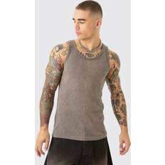 Brown - Men Tank Tops boohooMAN Mens Slim Acid Washed Signature Ribbed Tank Brown