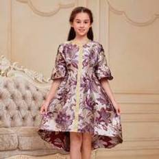 Shein Tween Girl Loose Fit Cute V Neck Half Sleeve Floral Jacquard A-Line Midi Dress With Trumpet Sleeves