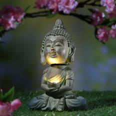 Grau Gartenschmuck Marelida LED Solar Buddha Wackelkopf Gartenfigur Polyresin