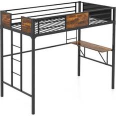 Costway Twin loft bed desk & shelf safety guardrail & ladder space-saving Rustic +