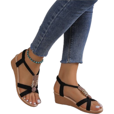 Shein Women's Style Beaded Wedge Sandals, Summer, Medium Heel, Black Color[Size Runs Small, Please Choose One Size Up]