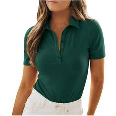 Puff Sleeve Blouses DeHolifer Women Tops Solid Color Casual Business Office Blouses Button Up Lapel Short Sleeve Blouse Green