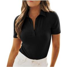 Puff Sleeve Blouses DeHolifer Women Tops Solid Color Casual Business Office Blouses Button Up Lapel Short Sleeve Blouse Black