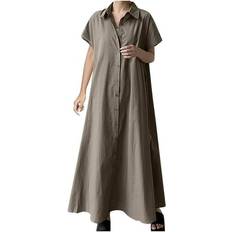 Brown - Shirt Dresses Smihono Summer Clearance 2024 Women Loose Casual Solid Lapel Neck Short Sleeve Button Down Long Maxi Shirt Dresses Coffee