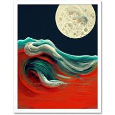 Red Framed Art ARTERY8 Print Full Moon on Ocean Waves Swirl Framed Art