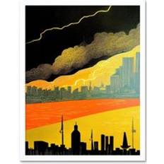 ARTERY8 Print Modern Black Linocut London Skyline Cityscape Storm Lightning Framed Art