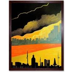 Brown Framed Art ARTERY8 Print Modern Black Linocut London Skyline Cityscape Storm Lightning Framed Art