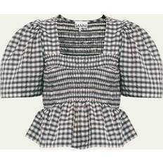 Ekologiskt material - Svarta Blusar Ganni Seersucker Check Openneck Smock Bl Dam Kortärmade Blusar - Egret