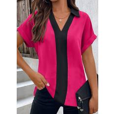 Modlily Hot Pink Patchwork Short Sleeve V Neck Blouse