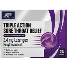 Medicines Triple Action Sore Throat Relief 2.4mg Lozenges Blackcurrant Flavour