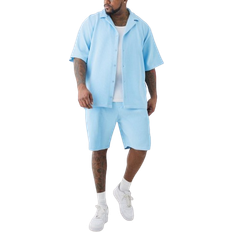 boohooMAN Drop Revere Pleated Shirt & Short Set Plus Size - Blue