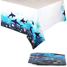 White Table Decorations Blue Panda Shark Party Supplies, Plastic Tablecloth 54 x 108 in, 3-Pack White Set of 3