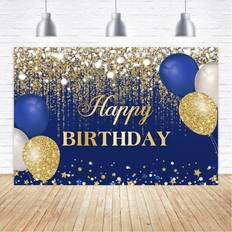 Photo Backgrounds Mascot Blue and gold Happy Birthday Background 6x4 feet Shiny Gold Dots Diamond Balloon Photography Background Party Decoration Cake Studio Props