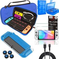 TechGear Blue Switch OLED Bundle - Case and Screen Protector with Accessories, Hard Carry