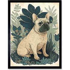 Square Framed Art ARTERY8 Print French Bulldog Tropical Plants Modern Pastel Colour Boho Framed Art