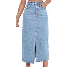 Shein EZwear High Waist Slit Denim Skirt - Light Wash