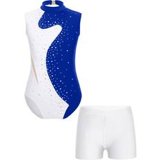 Doomiva Sparkly Sleeveless Gymnastics Dance Leotard Bodysuit Unitard with Tumbling Athletic Shorts Set - Blue/White