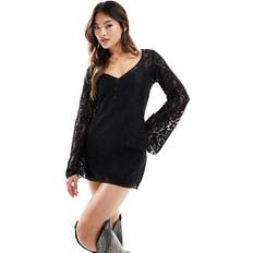 Deep V Neck Lace Mini Dress - Black