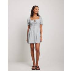 NA-KD Puff Sleeve Bardot Mini Dress - Blue Floral Print