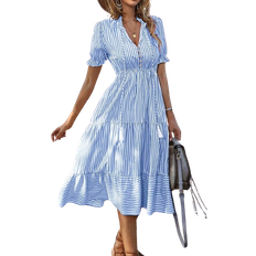 Shein Frenchy Vertical Striped Flounce Sleeve Tassel Tie Neck Ruffle Hem Dress