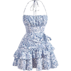 Shein Mod Floral Print Ruffle Trim Tie Backless Ruched Bust Layered Halter Summer Short Dress