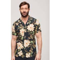 Linneskjortor - Svarta Superdry Open Collar Print Linen Shirt Herr Kortärmade Skjortor