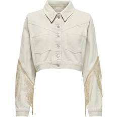 Beige - Dame - Denimjakker Only Ecrufarvet denimjakke med frynsedetaljer-Hvid