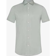 Emporio Armani XXL Shirts Emporio Armani Mens Silver Blue Brand-patch Curved-hem Woven Shirt