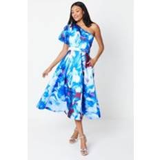 Coast Printed One Shoulder Puff Sleeve Midi Dress Blue
