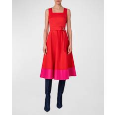 Pink - Shirt Dresses Cotton Poplin Colorblock Midi Dress with Belted Waist RED-PINK