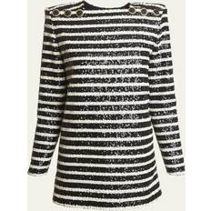 Balmain Dresses Balmain Glittered Stripe Mini Dress with Button Details BLK WHITE 42 FR 10 US