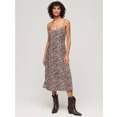 Kurze Kleider - Mehrfarbig Superdry Damen Bedrucktes Midi-Trägerkleid mit Knopfleiste Rosa/Weiß Größe: