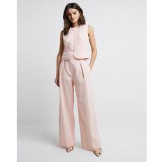 Linen Clothing River Island Womens Pink Wide Leg Pleated Linen Trousers