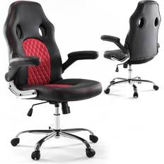 Gaming Chairs McQ Ergonomic Gaming Chair Mid Back PU Leather Home Office Desk Chairs, Flip Up Armrest Computer Task Chair with Lumbar Support Wheels, Rocking, and Swivel, Red