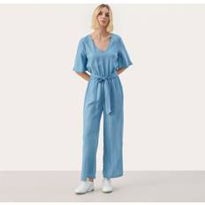 Part Two Dam Jumpsuits & Overaller Part Two Kvinnors Jumpsuit Half Sleeves V-neck breda ben sidfickor bälte, blå denim