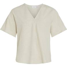 Pellava Puserot Vila V-neck S/S Top - Beige