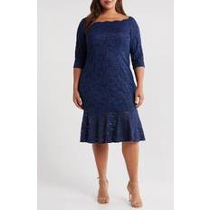 Sequins - Short Dresses Alex Evenings Plus Glitter Lace Off-The-Shoulder Dress Navy 20W