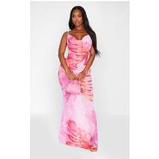 Long Dresses - Polyester PrettyLittleThing Shape Pink Tropical Print Strappy Cowl Neck Maxi Dress, Pink